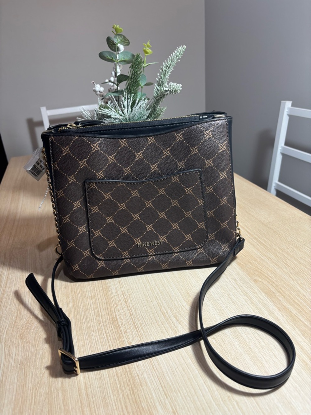 Nine West Brown and Black Monogram Crossbody Bag